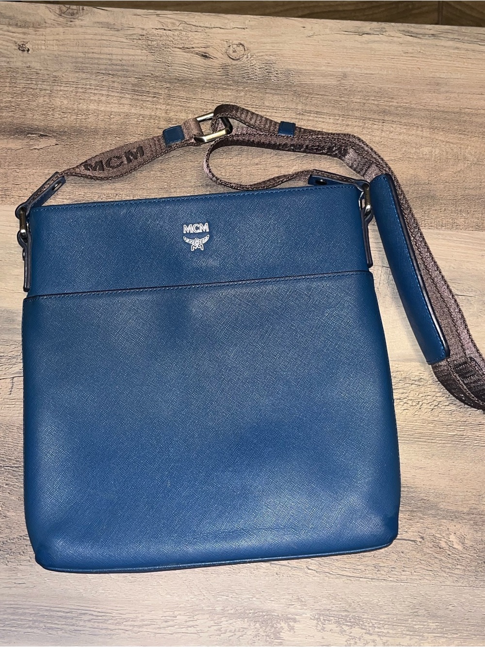 MCM Unisex Blue Leather Crossbody Messenger with Branded Strap
